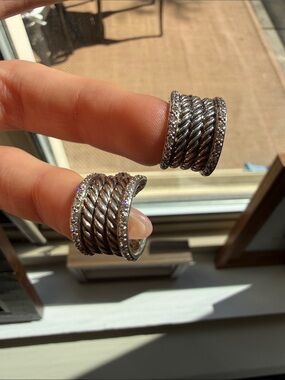 David Yurman Silver Cable Hoop Earrings with Pavé Diamonds